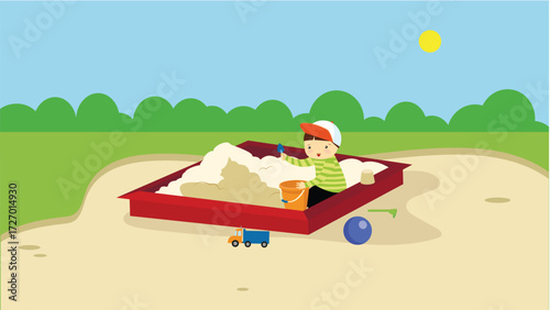 boy playing in the sandbox on the playground. Vector illustration in flat style
