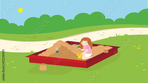 Little girl playing in the sandbox. Vector illustration in flat style.