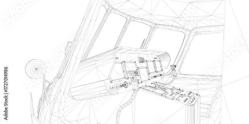 Black and white wireframe drawing of helicopter cockpit, featuring a detailed control panel, steering wheel, and cockpit door on a clean white background.