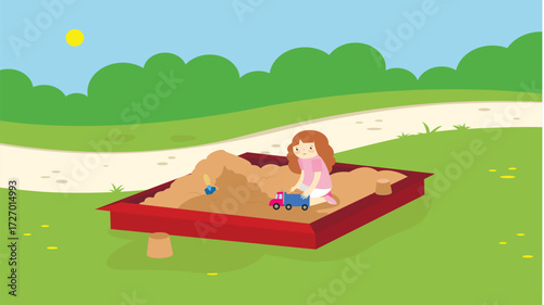 girl playing in the sandbox. Vector illustration in a flat style.