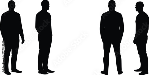 Silhouette illustration of four people standing in pairs facing each other, symbolizing communication, teamwork, conversation, interaction, business, and social connection