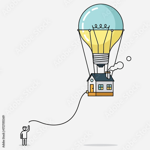 Innovative Home Idea Light Bulb Balloon Lifting House into the Sky