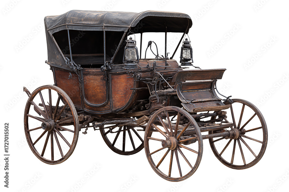 Fototapeta premium Vintage horse carriage with two wheels, walnut wood, and brass lanterns, isolated on transparent background. 