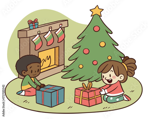 Happy children opening presents next to a glowing fireplace, surrounded by toys and colorful decorations, capturing the excitement and joy of Christmas morning.