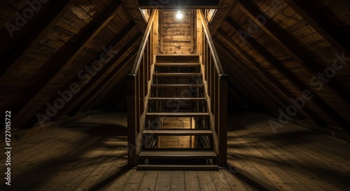 Wooden attic staircase in dim light
