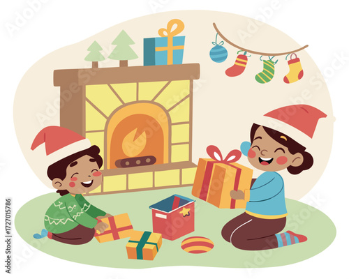 Happy children opening presents next to a glowing fireplace, surrounded by toys and colorful decorations, capturing the excitement and joy of Christmas morning.