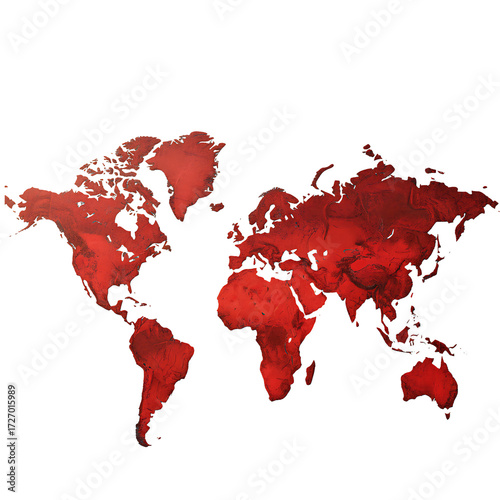 Global map of continents and oceans in fiery red tones displayed on a dark canvas earth geography representation