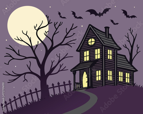 Halloween holiday colorfull poster design showing a spooky haunted house with glowing windows, flying bats, bare trees, full moon, and a crooked fence