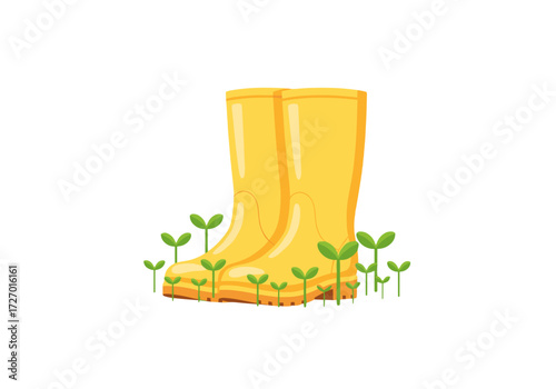 yellow rain boots, rain boots with sprouts, gardening boots, spring rain boots, waterproof boots, kids rain boots, cute rain boots, bright yellow boots, outdoor rain boots, simple rain boots, rainy da