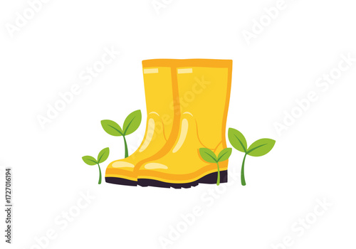 yellow rain boots, rain boots with sprouts, gardening boots, spring rain boots, waterproof boots, kids rain boots, cute rain boots, bright yellow boots, outdoor rain boots, simple rain boots, rainy da