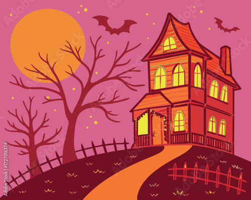 Halloween holiday colorfull poster design showing a spooky haunted house with glowing windows, flying bats, bare trees, full moon, and a crooked fence