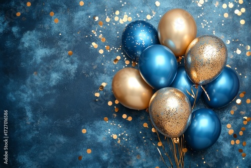 Holiday background with golden and blue metallic balloons, confetti and ribbons. Festive card for birthday party, anniversary, new year, christmas or other events. Created with, Generative AI