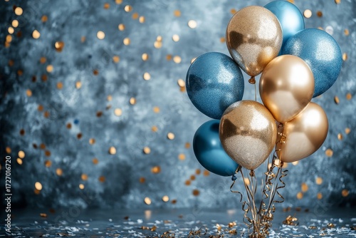 Holiday background with golden and blue metallic balloons, confetti and ribbons. Festive card for birthday party, anniversary, new year, christmas or other events. Created with, Generative AI