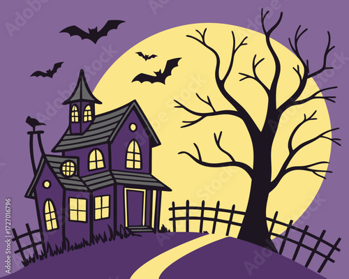 Halloween holiday colorfull poster design showing a spooky haunted house with glowing windows, flying bats, bare trees, full moon, and a crooked fence