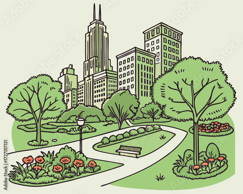 Green Urban Planning. Parks and gardens interspersed throughout dense metropolitan areas showing commitment towards ecological balance.