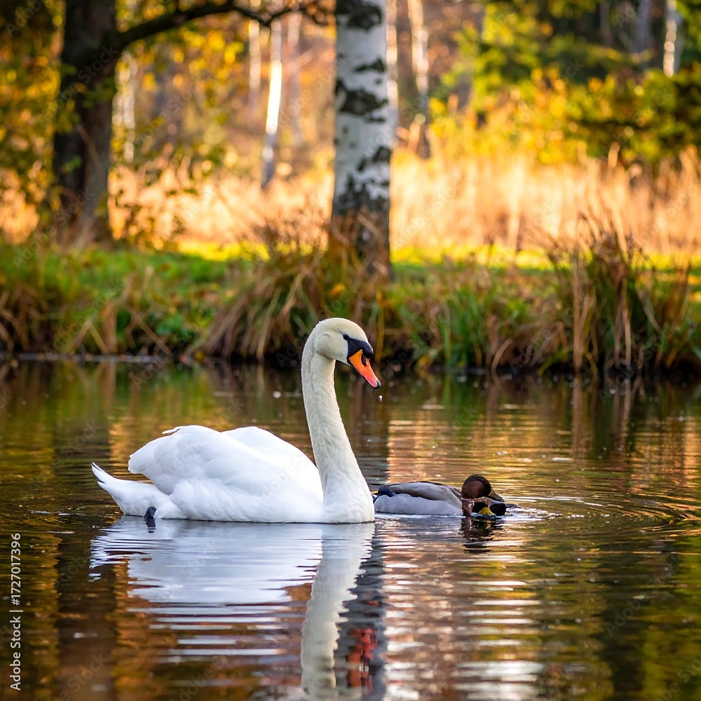 Fototapeta premium Majestic swan on tranquil pond in autumnal park