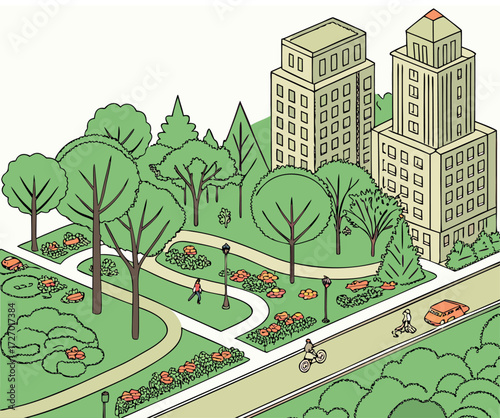 Green Urban Planning. Parks and gardens interspersed throughout dense metropolitan areas showing commitment towards ecological balance.