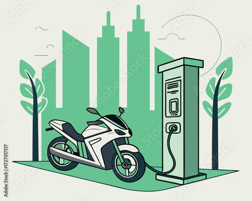 Futuristic electric motorcycle in sleek silver design, charging at a modern charging station with glowing neon elements and a smart eco city background.