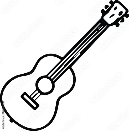 Acoustic guitar line drawing, black and white musical instrument illustration, simple vector guitar sketch, string instrument outline,