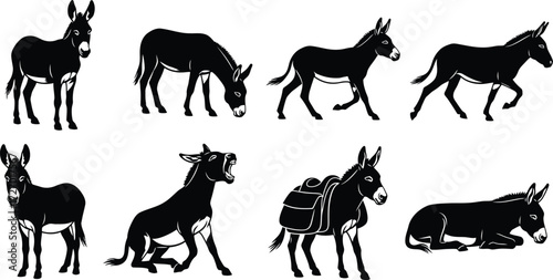 Donkey silhouettes in various poses, including standing, walking, and lying down