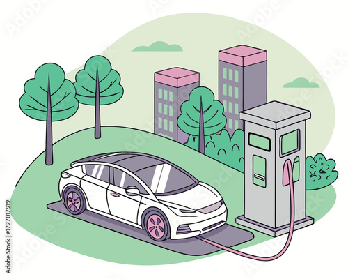 Futuristic electric car in metallic silver with aerodynamic design, charging at a modern charging station with glowing cables and eco-friendly green cityscape around