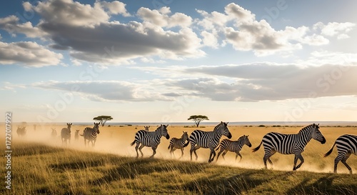 Zebra herd with African savanna.