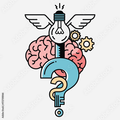 Brainstorming Icon Question, Lightbulb, and Gears Illustration