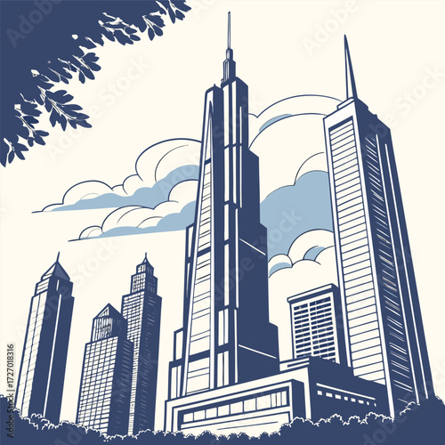 Skyscraper Futuristic Landscapes. Towering buildings reaching toward the heavens framed by clear skies, hinting at utopian city planning ideals.