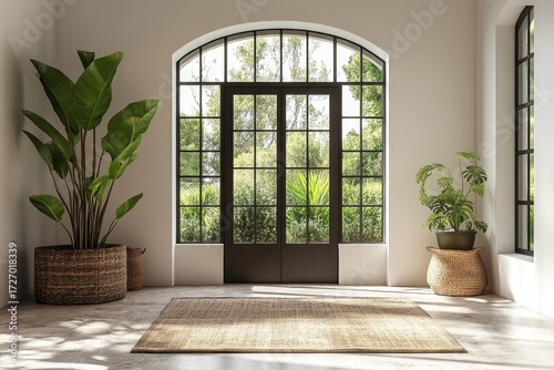 Mediterranean interior design of modern dining room in seaside villa with stunning sea view, Generative AI