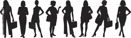 Flat vector illustration of confident businesswomen in black silhouette, professional female poses with briefcase, career, empowerment, leadership, success