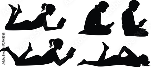 Flat vector illustration of people reading books in various relaxed poses, black silhouette design for education, leisure, lifestyle concepts