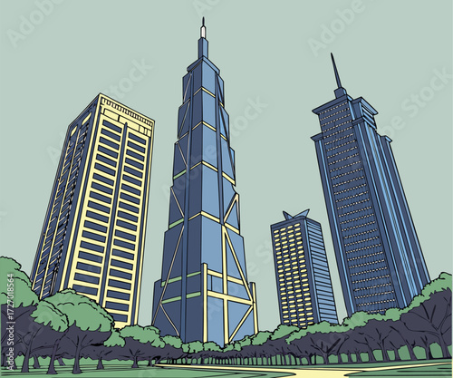 Skyscraper Futuristic Landscapes. Towering buildings reaching toward the heavens framed by clear skies, hinting at utopian city planning ideals.