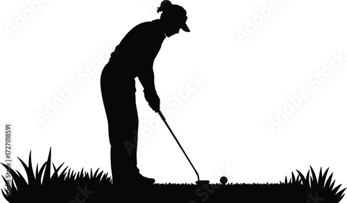 Golf player silhouette, black and white vector, sports posture, golf club, grass field, concentration, flat vector illustration, outdoor activity