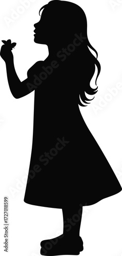 Girl silhouette holding flower, black vector child, standing pose, innocence concept, childhood moment, emotional art, flat vector illustration