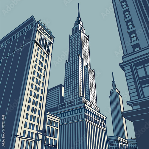 Skyscraper Futuristic Landscapes. Towering buildings reaching toward the heavens framed by clear skies, hinting at utopian city planning ideals.