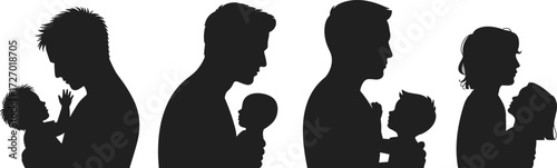 Parent holding baby, family silhouette vector, emotional bonding pose, black graphic design, nurturing moment, love and care, flat vector illustration