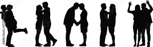 Romantic couple silhouette, love pose, affectionate interaction, emotional connection, kissing figures, relationship moment, flat vector illustration, black white design