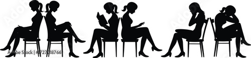 Seated women, emotional posture, back-to-back silhouette, reading gesture, mobile use, sadness expression, chair pose, flat vector illustration