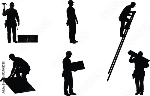 Silhouette construction workers with tools, ladder, and building materials performing roofing, carpentry, inspection, repair, and industrial work activities illustration