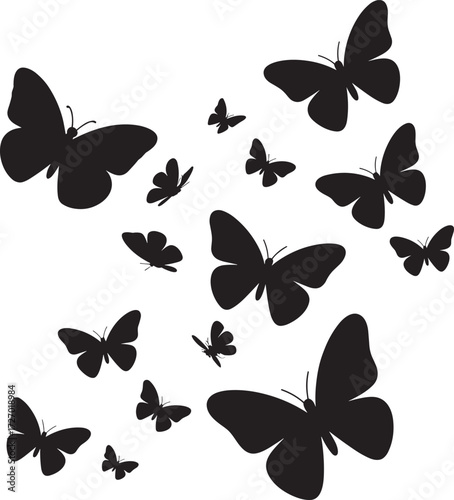 Butterfly silhouette collection, black flying insects, nature elements, decorative vector set, isolated shapes, wildlife icons, flat vector illustration