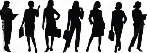 Businesswoman silhouette, professional pose, confident stance, corporate attire, career gesture, office fashion, leadership posture, flat vector illustration