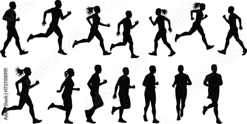 Silhouette illustration of men and women running in different poses, athletic jogging figures, fitness activity vector design elements isolated