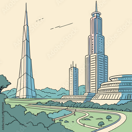 Skyscraper Futuristic Landscapes. Towering buildings reaching toward the heavens framed by clear skies, hinting at utopian city planning ideals.