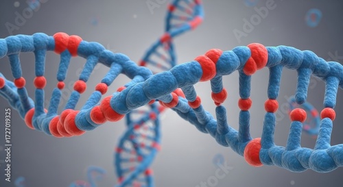 DNA Double Helix Structure in Blue and Red 3D Rendering