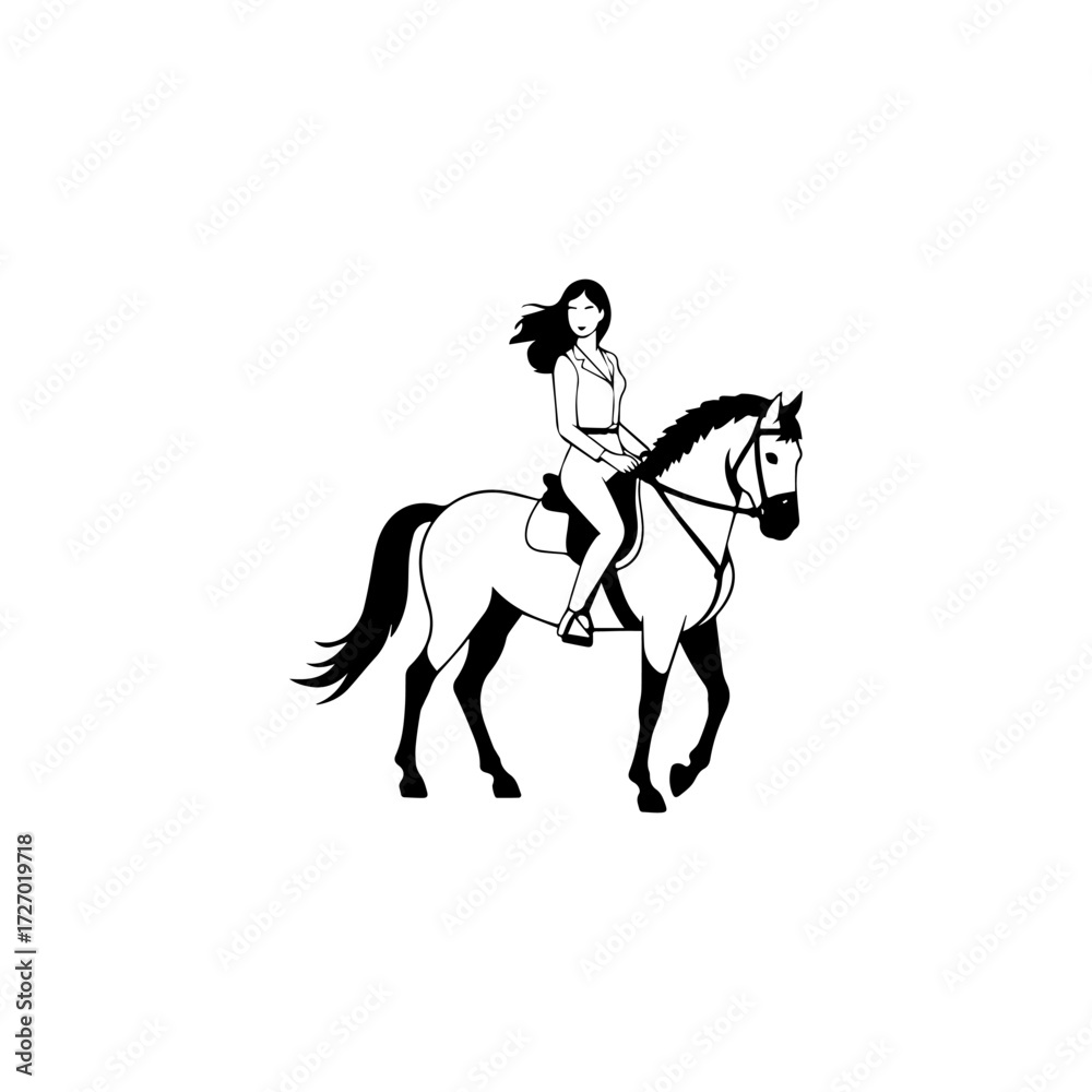 Fototapeta premium Black and white line art of a beautiful woman with perfect body riding horse elegant minimalist illustration