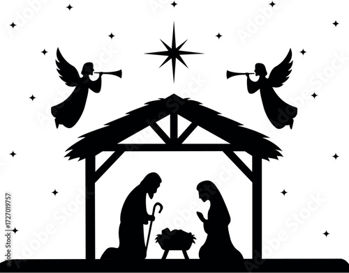 Vector elegant nativity scene  silhouette with Mary, Joseph, baby Jesus under the star of Bethlehem, surrounded by angels. For Christmas cards, decor, crafts, religious art