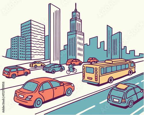 Flat vector illustration of a traffic jam in a big city with colorful cars, buses, and motorcycles stuck on a multilane road with skyscrapers behind