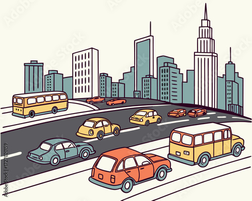 Flat vector illustration of a traffic jam in a big city with colorful cars, buses, and motorcycles stuck on a multilane road with skyscrapers behind