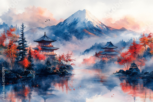 painting of Mount Fuji reflected in the river waters, watercolor color style