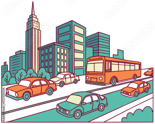 Flat vector illustration of a traffic jam in a big city with colorful cars, buses, and motorcycles stuck on a multilane road with skyscrapers behind